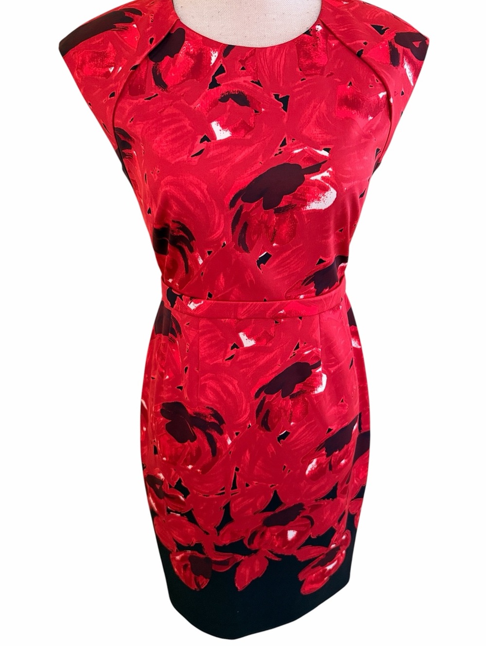 Tahari Red and Black Abstract Floral Cap Sleeve Sheath Dress